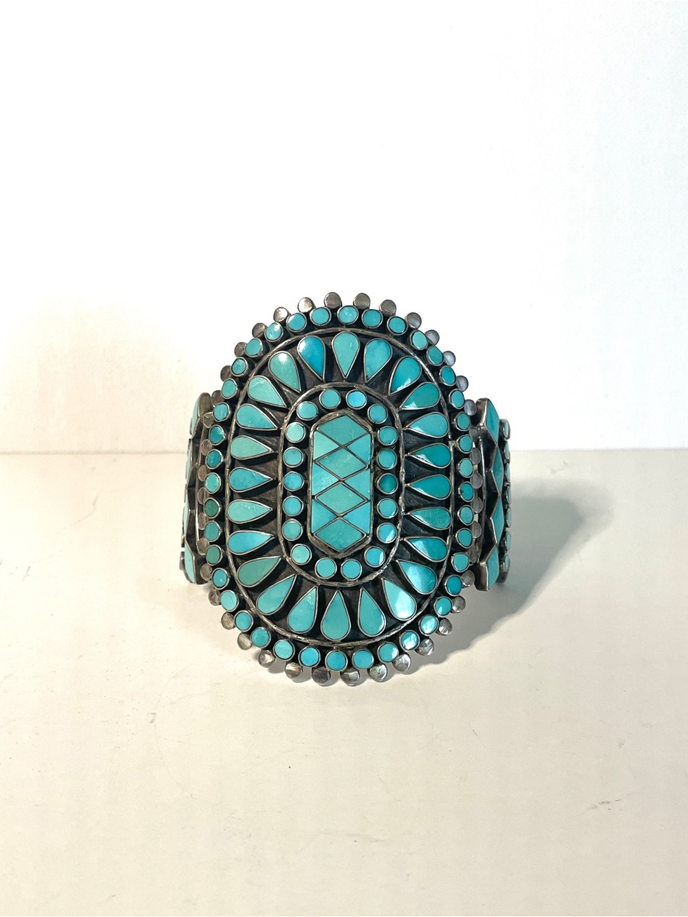 Zuni Sleeping Beauty Turquoise Inlay Statement Cuff Bracelet Sterling Silver